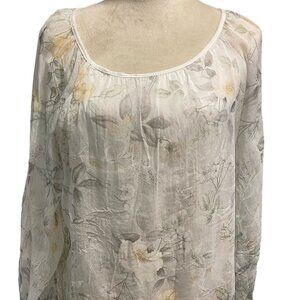 100% Italian Silk Elena Baldi Grey and Yellow Flowy Romantic Blouse, size S/M